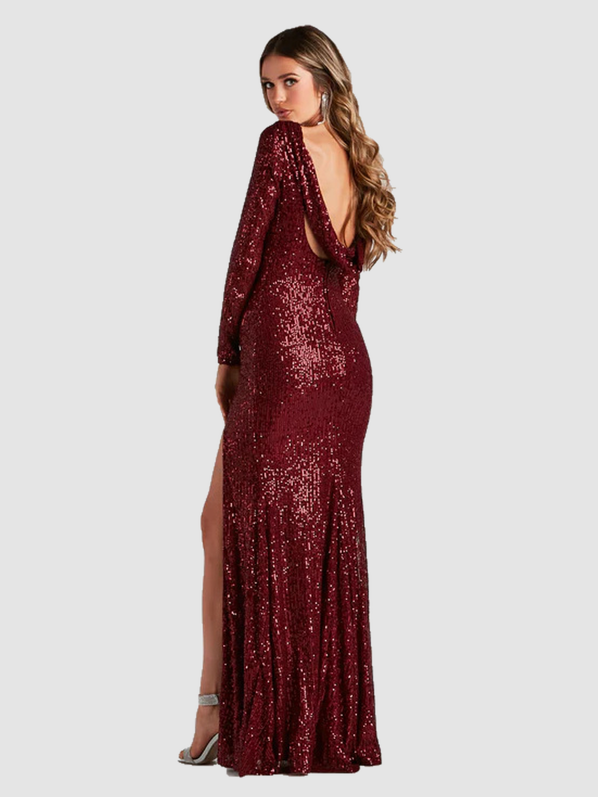 RY0204 02-model-back RY0204 long-sleeve sequin slit evening gown: 02-model-back