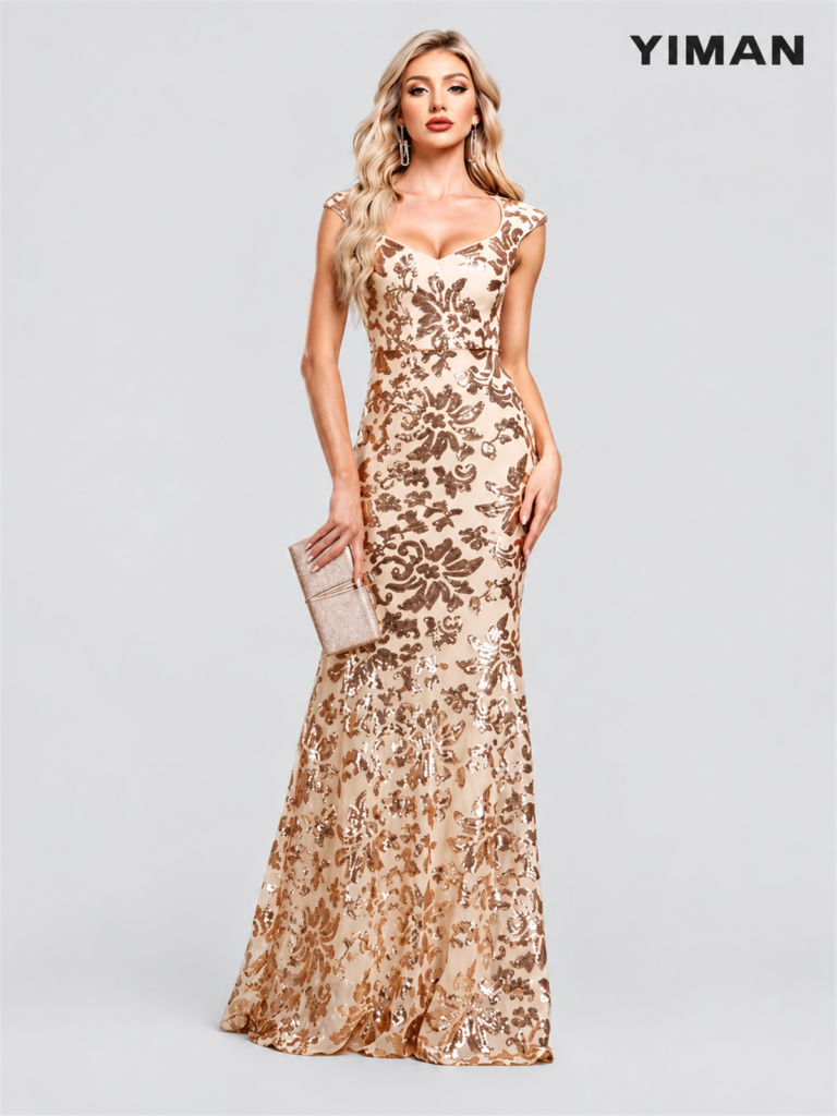 RY362 gold floral sequin evening gown: 01-model-front.