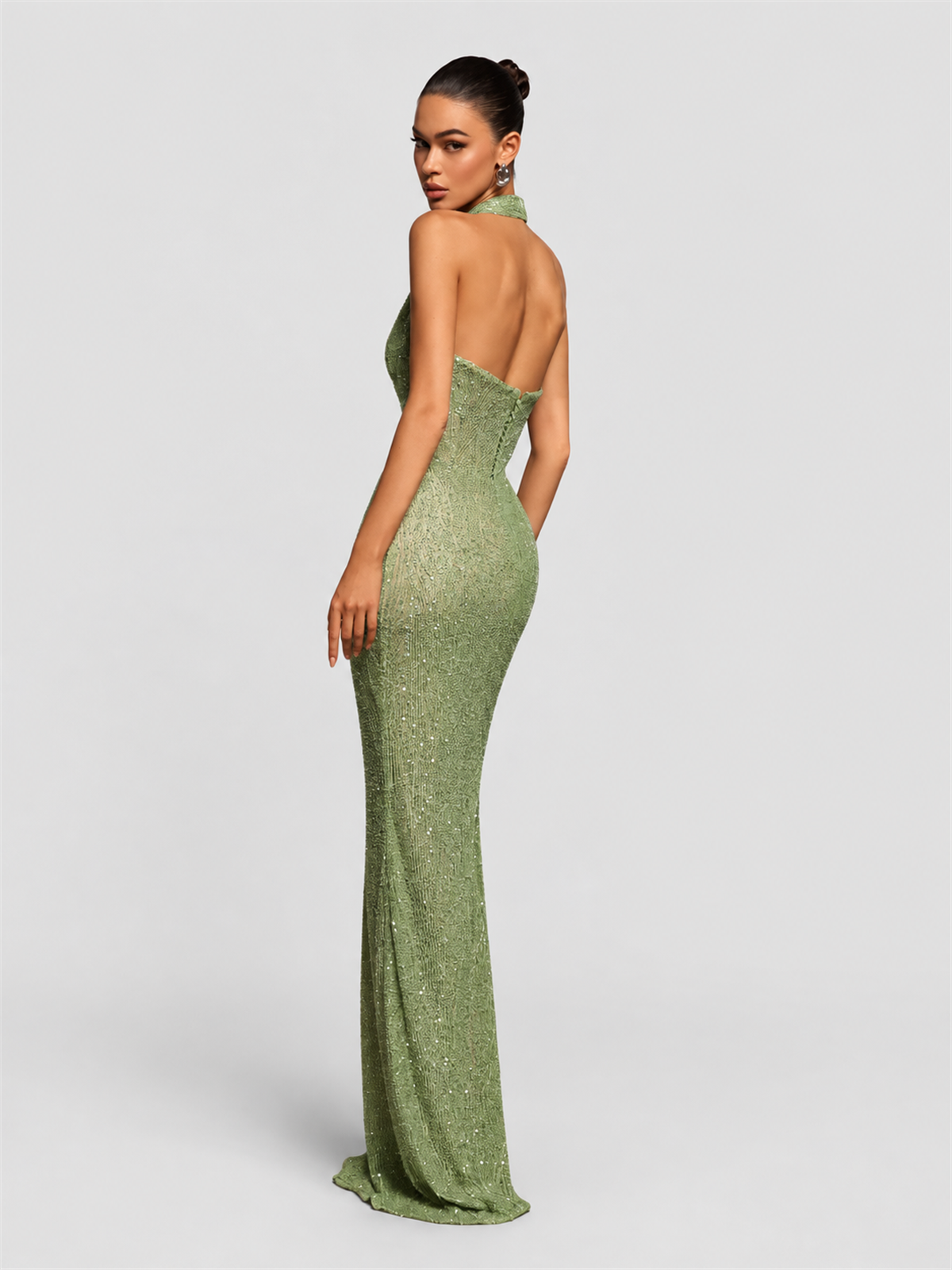 RY495 02-model-back RY495 halter-neck sequin evening gown: 02-model-back