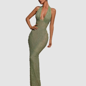 RY495 green halter-neck sequin gown, front model view with YIMAN logo