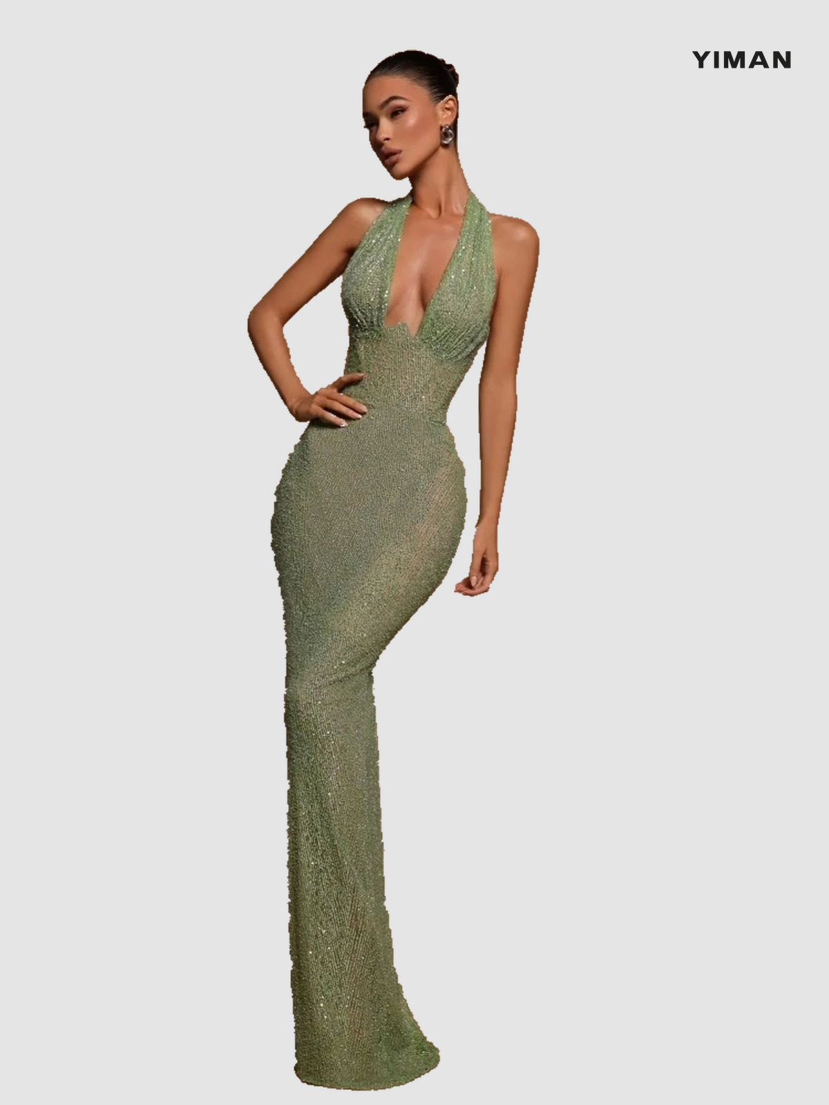 RY495 Green Sequin Gown — YIMAN RY495 green halter-neck sequin gown, front model view with YIMAN logo