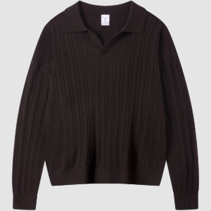 Men's 16-Gauge Cable-Knit Open-Collar Sweater — color coffee brown