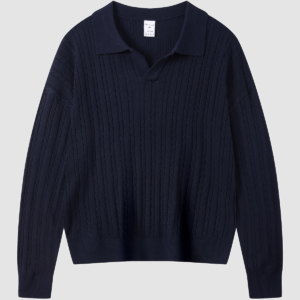 Men's 16-Gauge Cable-Knit Open-Collar Sweater — color navy