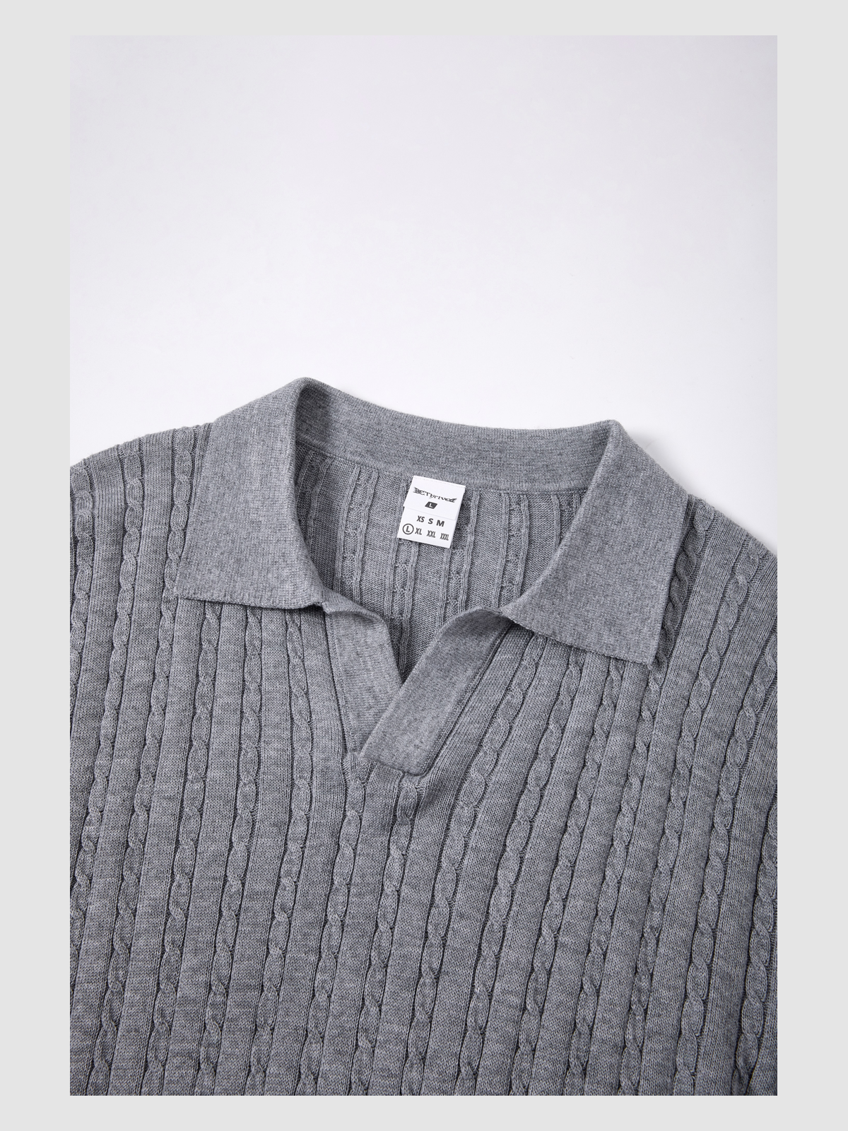 Men’s 16-Gauge Cable-Knit Open-Collar Sweater — detail Men's 16-Gauge Cable-Knit Open-Collar Sweater — detail