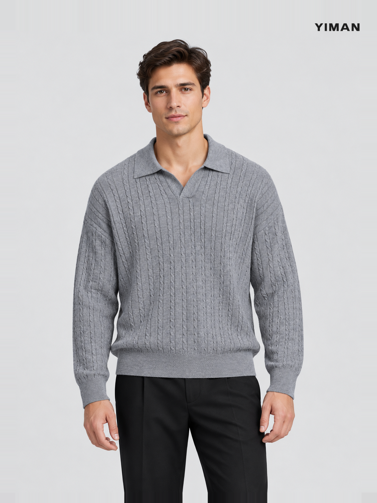 Men's 16-Gauge Cable-Knit Open-Collar Sweater — main Men's 16-Gauge Cable-Knit Open-Collar Sweater — main