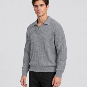 Men's 16-Gauge Cable-Knit Open-Collar Sweater — model side
