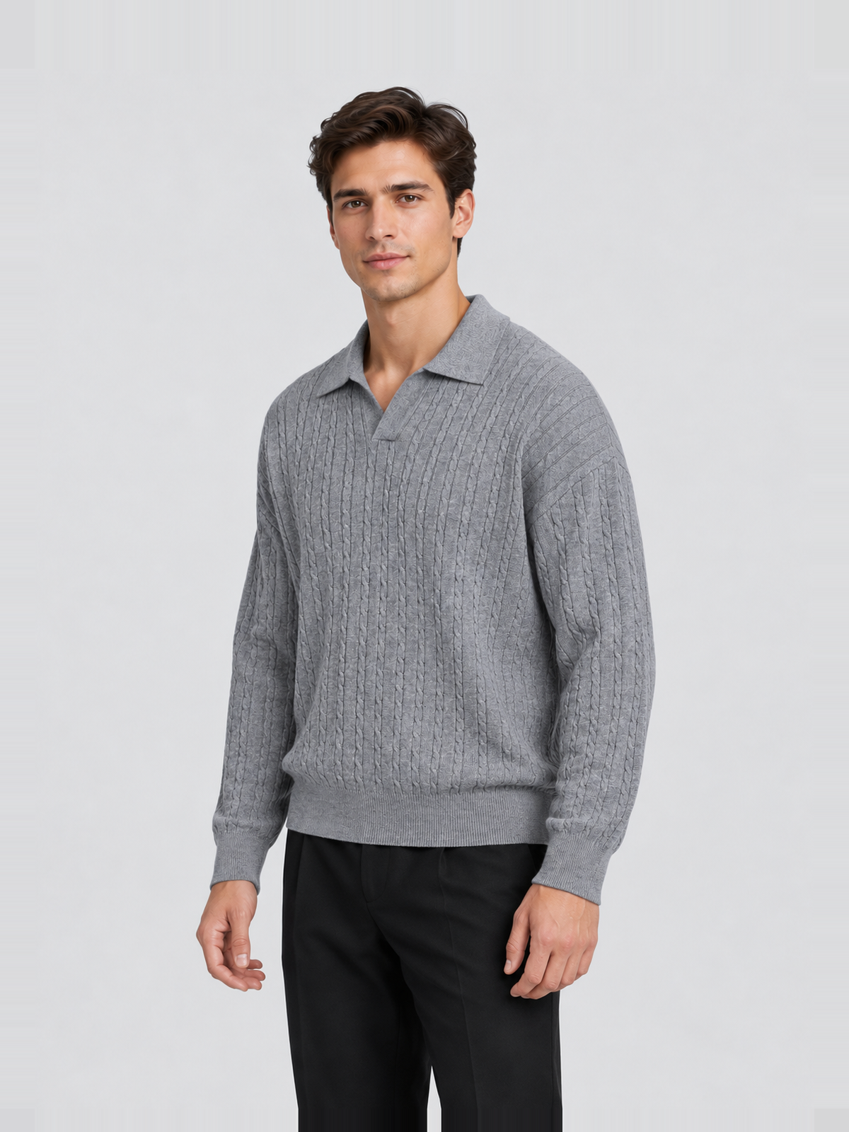 Men’s 16-Gauge Cable-Knit Open-Collar Sweater — model side Men's 16-Gauge Cable-Knit Open-Collar Sweater — model side