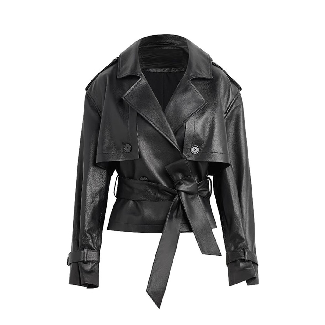 PF2507054 black jacket lapel, button and waist-belt detail