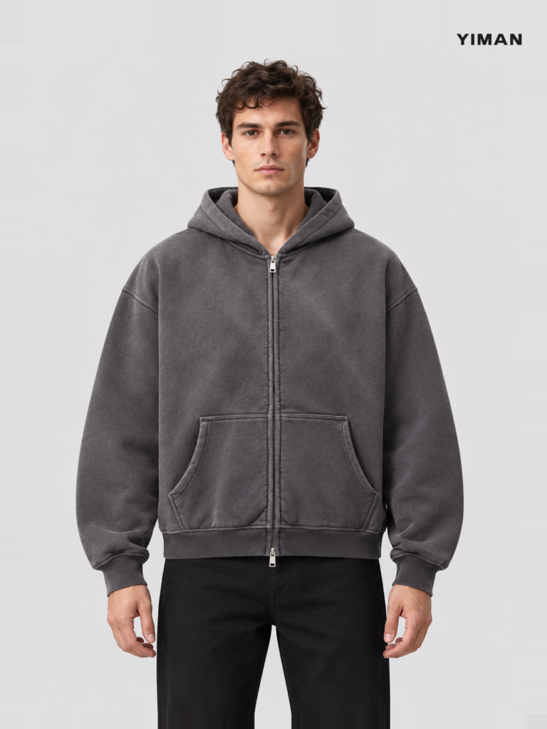 Men's 400 GSM Vintage-Wash Boxy Zip-Up Hoodie — main