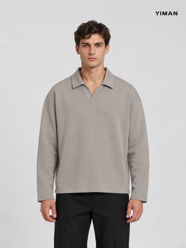 Men's 280 GSM Cotton-Modal Boxy Open-Collar Long-Sleeve Polo — main