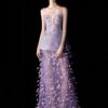 Lilac evening dress with a sparkling fitted bodice and sheer skirt with dimensional feather-like details