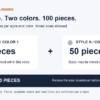 Order quantity illustration: one style in two colors requires 50 pieces per color, 100 pieces total, with mixed sizes allowed.