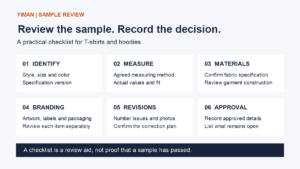 Six sample review steps: identify the sample, check measurements, review materials, review branding, record revisions and keep the approval record.