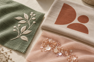AI-generated conceptual textile illustration: Printing, Embroidery and Garment Decoration: How Brands Choose