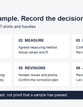 Six sample review steps: identify the sample, check measurements, review materials, review branding, record revisions and keep the approval record.